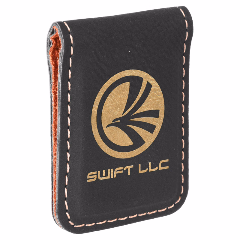 1 3/4" x 2 1/2" Black/Gold Leatherette Money Clip