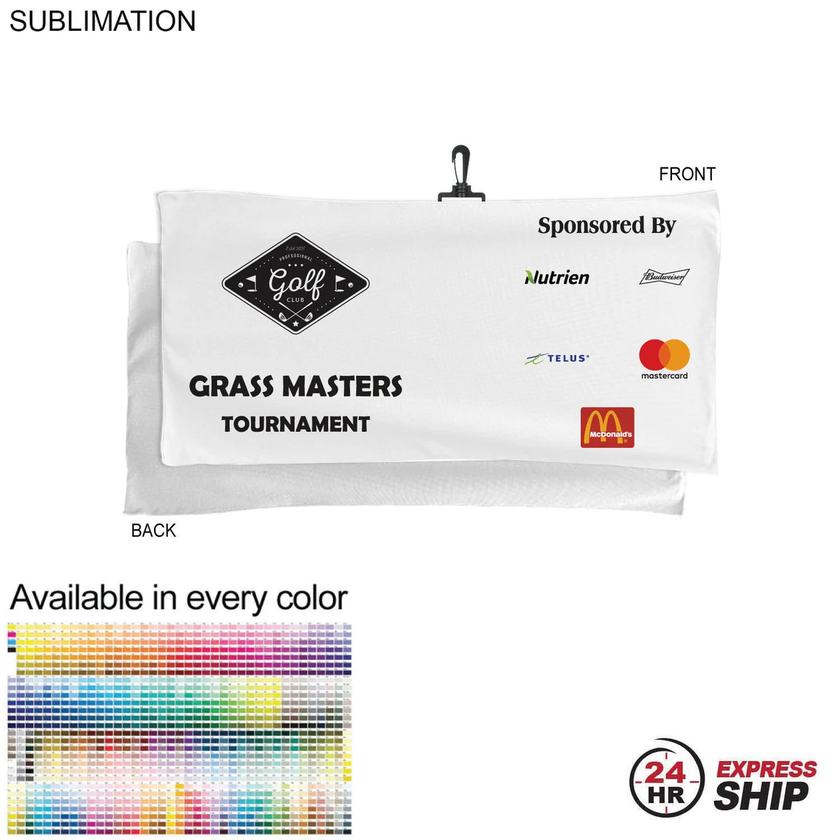 24 Hr Express Ship - Oversized Golf Towel in Microfiber Terry, 22x44, with Black Hook, Sublimated 1