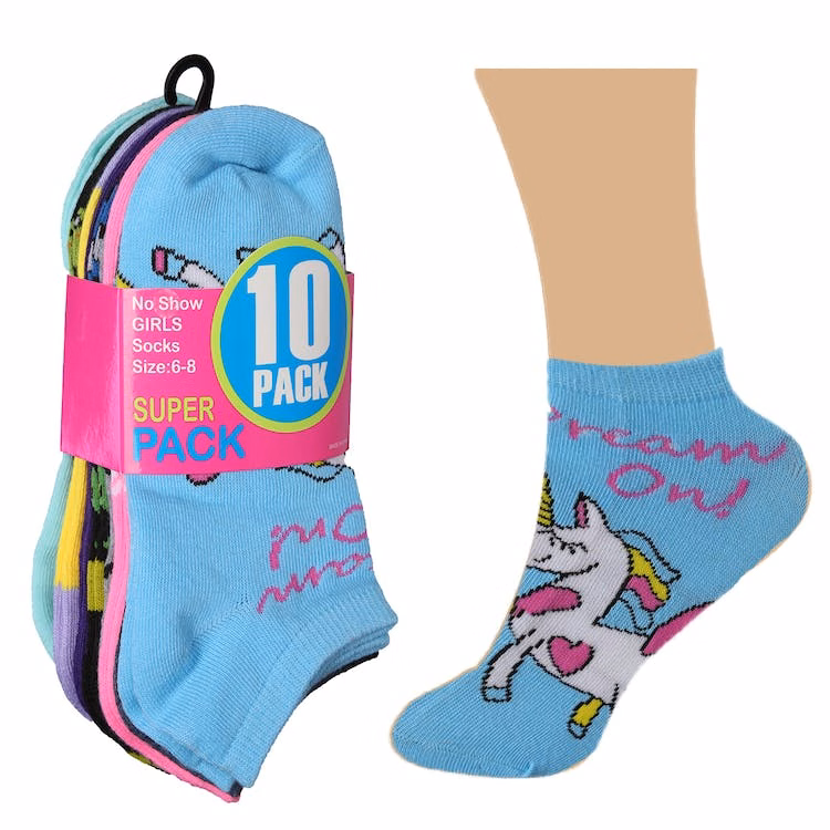 Girls' Ankle Socks - 10 Pack Unicorn Designs Size 6-8