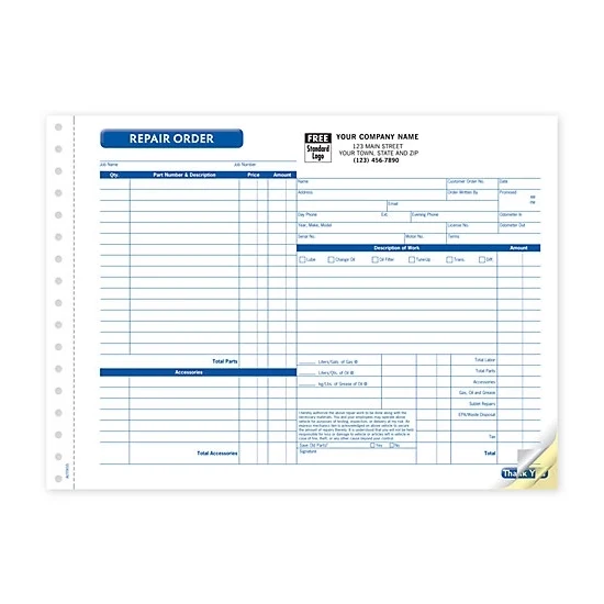 Repair Orders, Garage, Carbonless, Side-Stub, Large 1