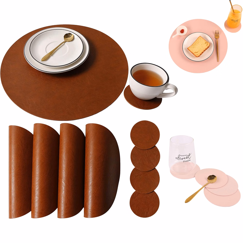 Set of 4 Vinyl Faux Leahter Round Table Placemats with Coasters