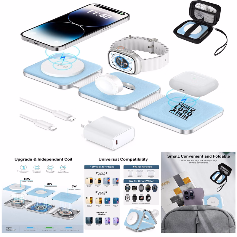 3 in 1 Travel Magnetic Charging Station Foldable Wireless Charger Included PD20W Adapter