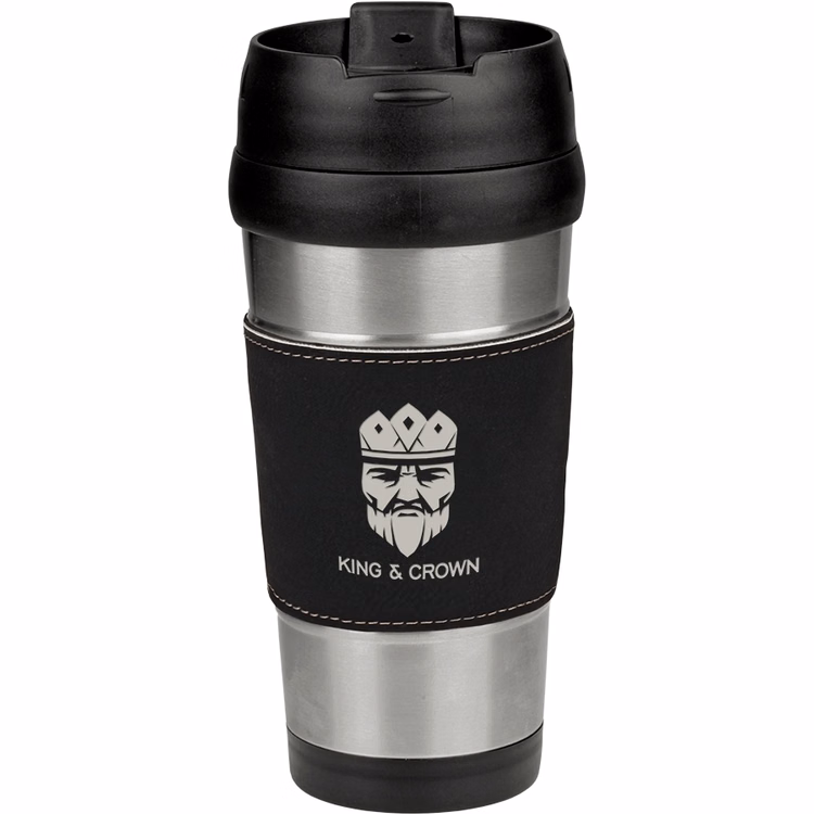 16 oz. Laser Engraved Stainless Steel Travel Mug With Black Leatherette Grip