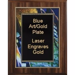 9" x 12" Classic Walnut Finish Plaque with a Blue Art/Black Plate