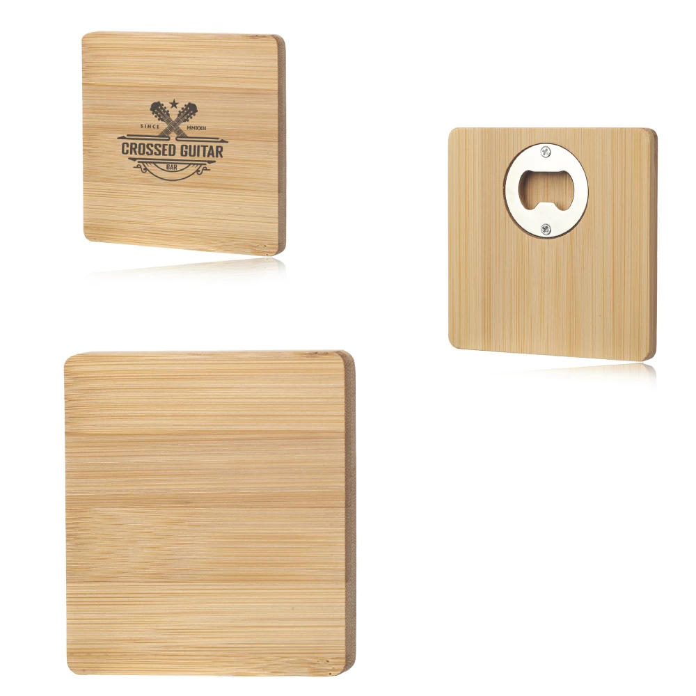 Square Bamboo Coaster with Bottle Opener on Bottom 1