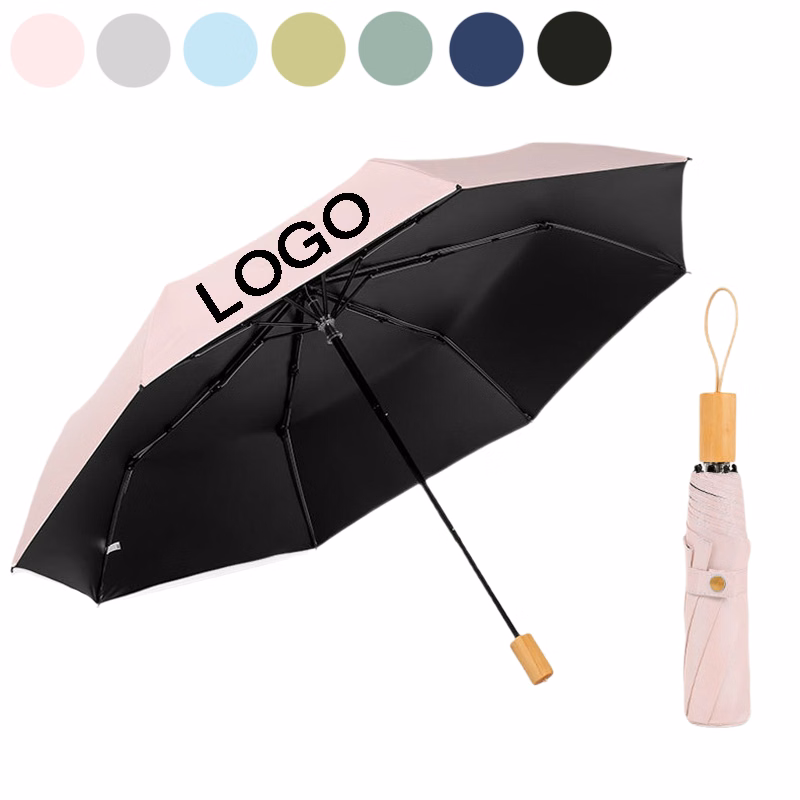 Custom Foldable Sun & Wind Proof Umbrella with Wooden Handle