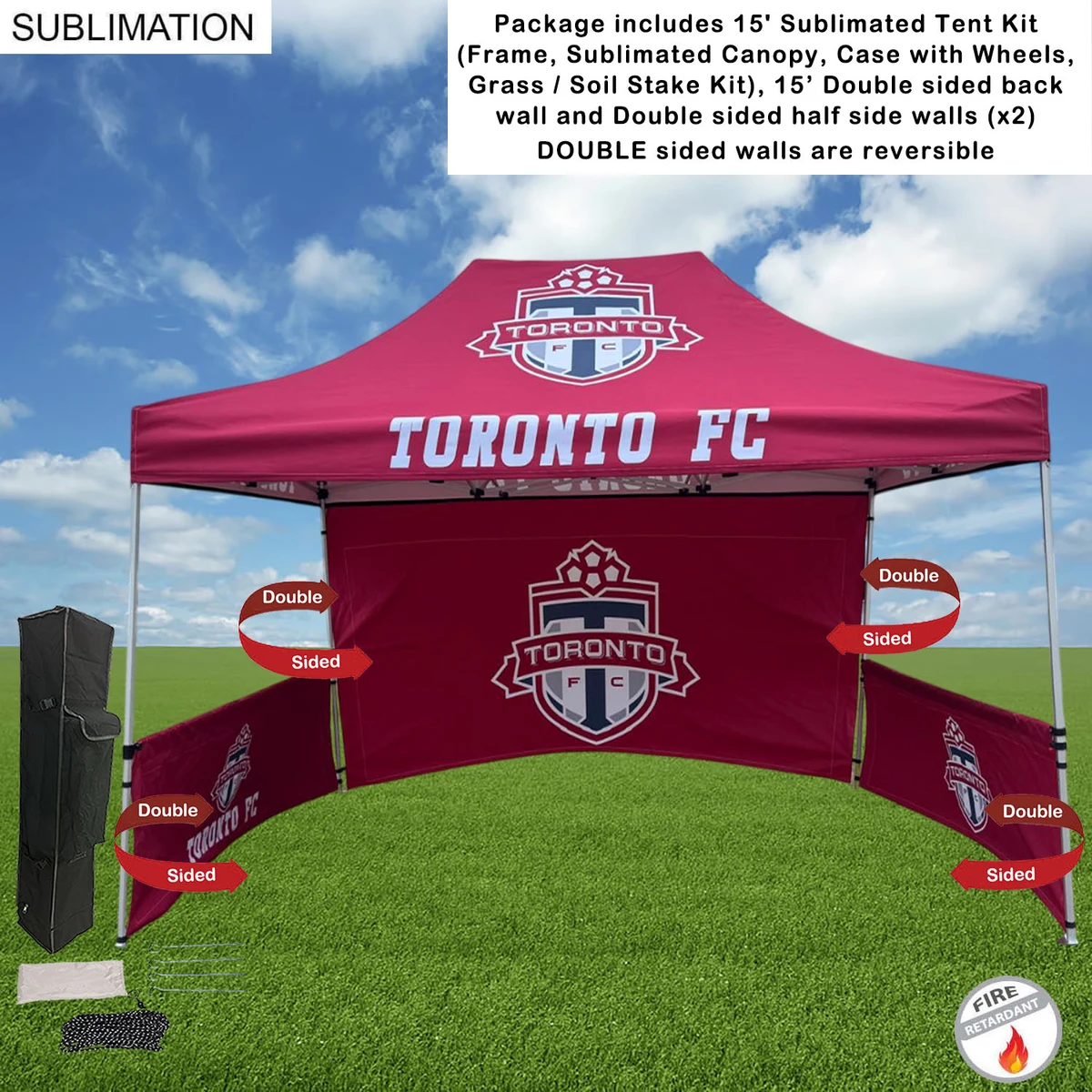 Full Tent Package, 15' Sublimated Tent, 15' DOUBLE sided backwall and 2 DOUBLE sided half sidewalls 1