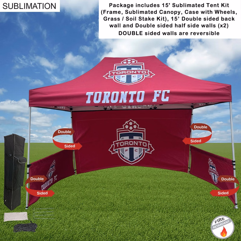 Full Tent Package, 15' Sublimated Tent, 15' DOUBLE sided backwall and 2 DOUBLE sided half sidewalls