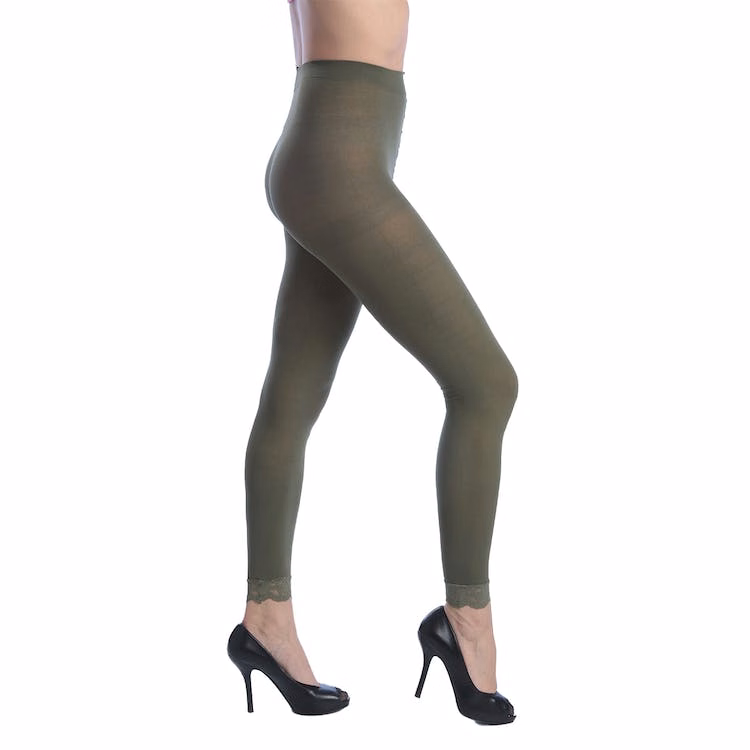 Women's Opaque Control Top Footless Lace Tights - Olive One Size Fits Most