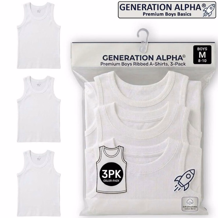 Boys' Ribbed A-Shirts - Size S-XL 3 Pack