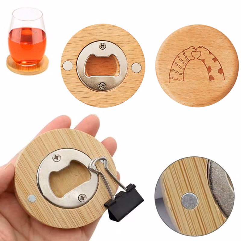 Wooden Fridge Magnet Beer Bottle Opener Bamboo Coaster