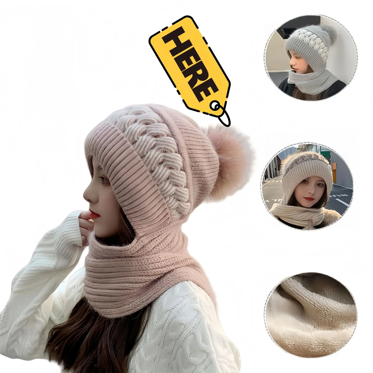 Warm Knitted Women Winter Hat With Scarf Pom-Pom 1