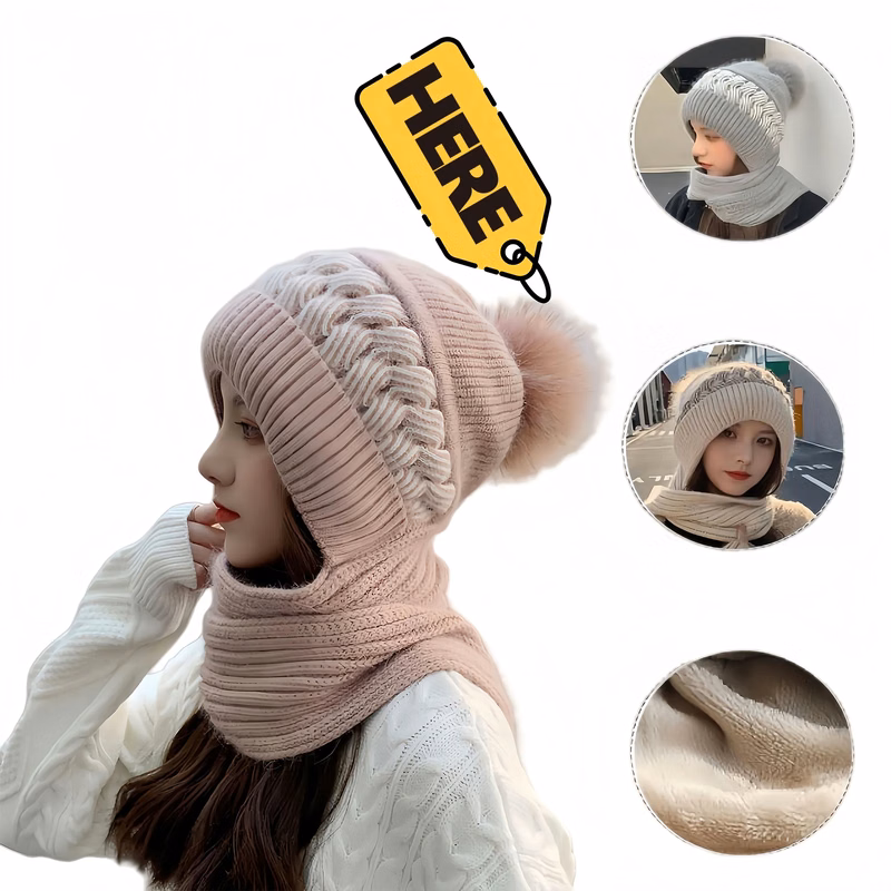 Warm Knitted Women Winter Hat With Scarf Pom-Pom