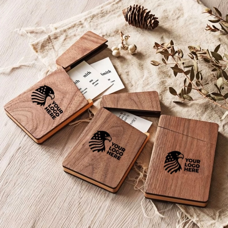 Walnut Wood Magnetic Business Card Holder Case