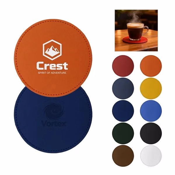 Custom 4 Inch Hard PU Leather Round Coaster, Double Stitched — Full-Color Hospitality