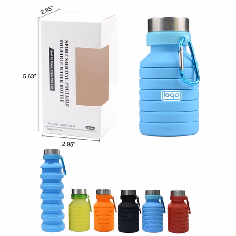 18.5 oz Collapsible Silicone Water Bottle With Carabiner