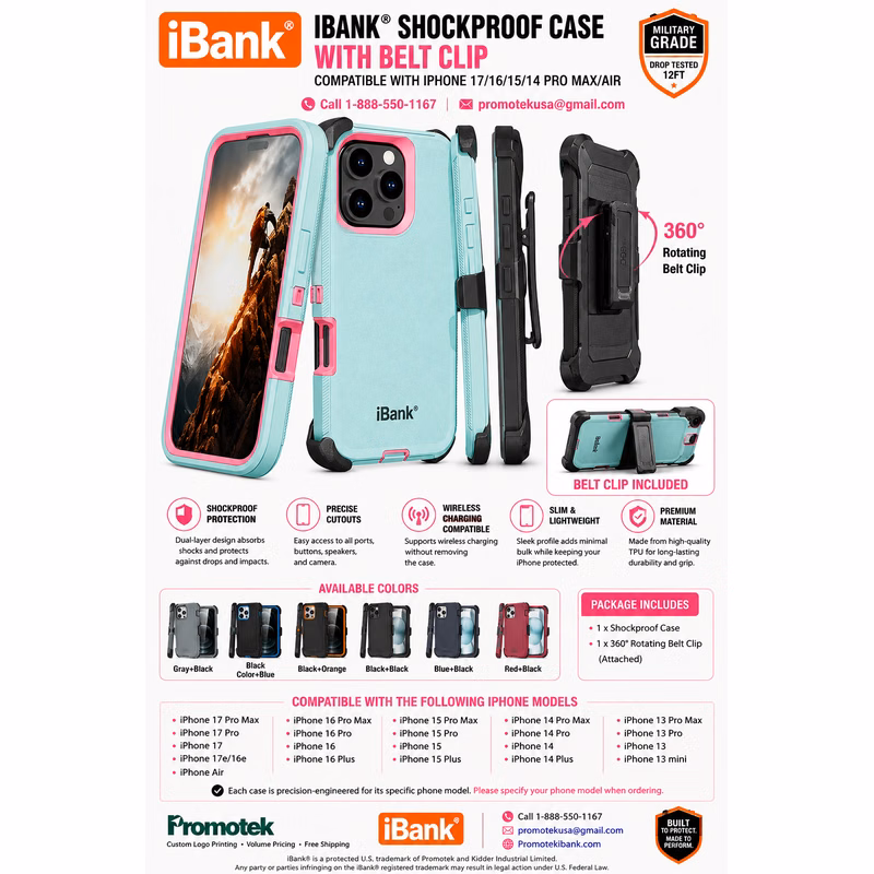 iBank ® iPhone 16 Shockproof Case with Belt Clip and a kickstand