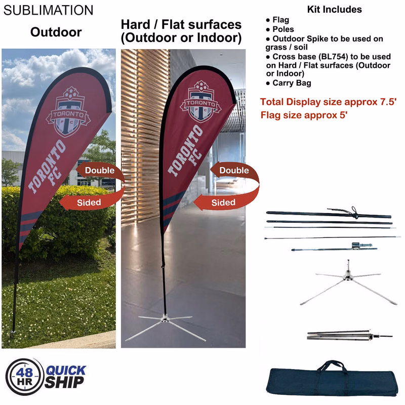 48Hr Quick Ship - 7.5' Small Tear Drop Flag Kit, Full Color Graphic 2 Sided, Outdoor & Indoor base