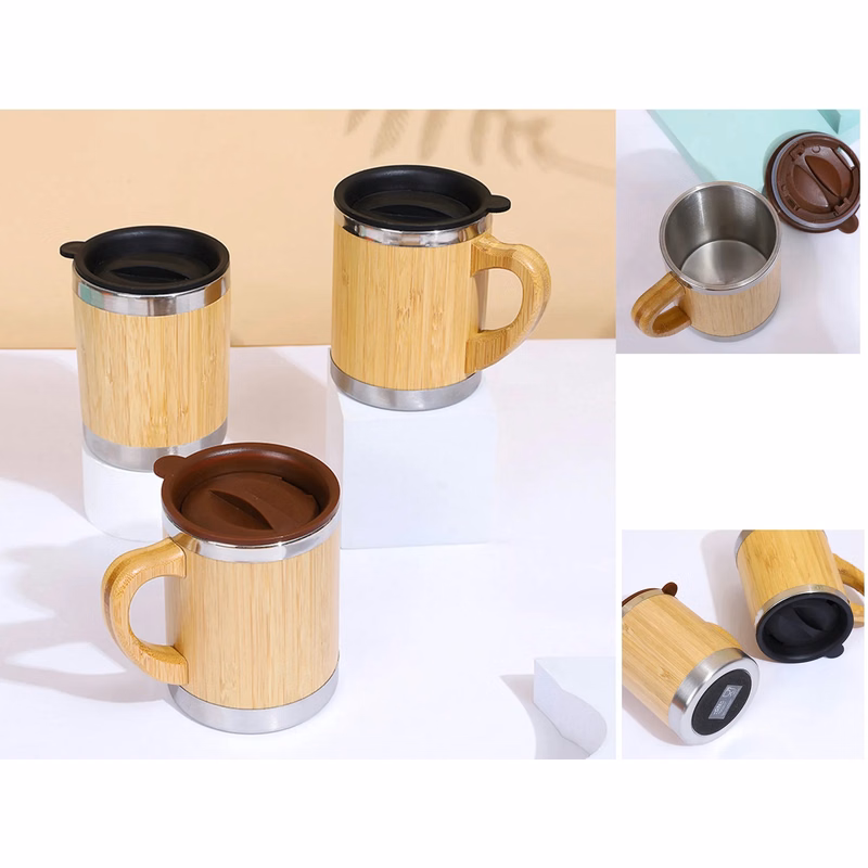 11 Oz Stainless Steel Bamboo Mug w/ Lid