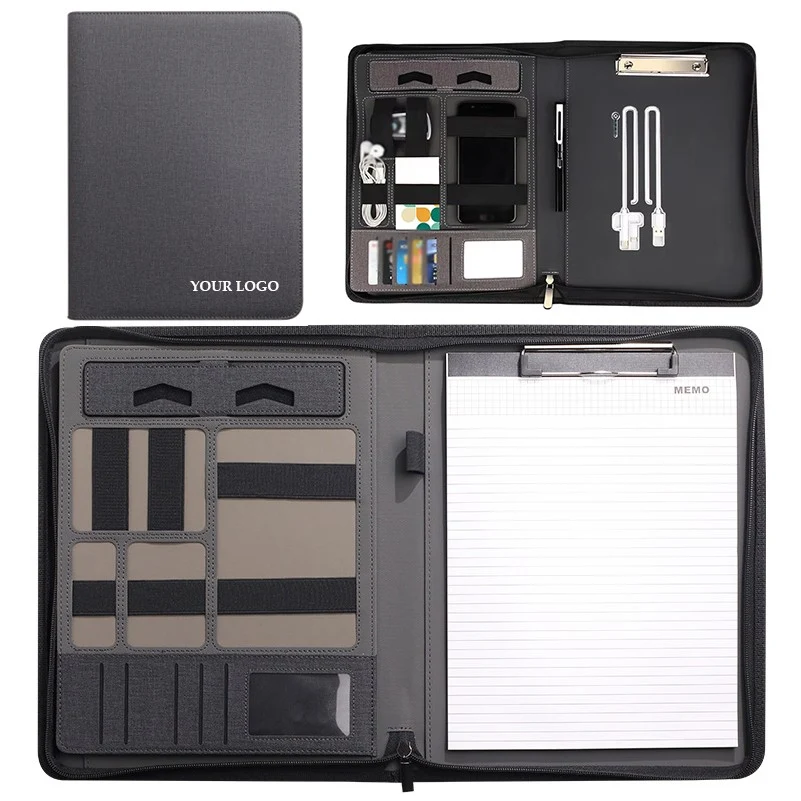 Multi-Functional Pu Leather Zipper File Folder Padfolio With Power Bank 1