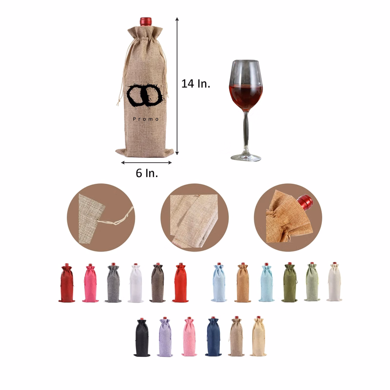 MOQ 20 Burlap Drawstring Wine Bottle Bag 14"L x 6"W
