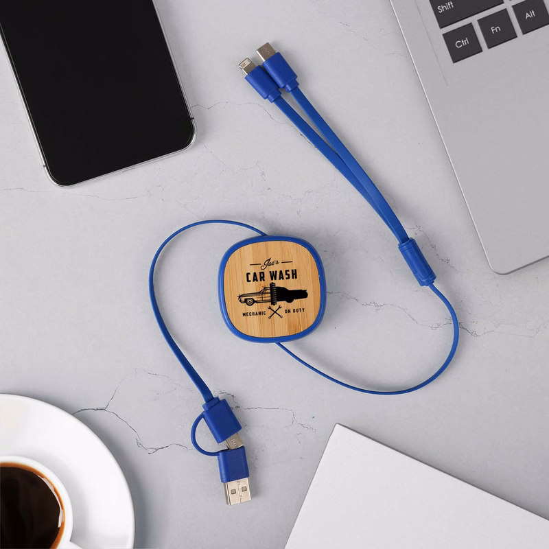 Dual Input 3-IN-1 Bamboo Retractable Cable