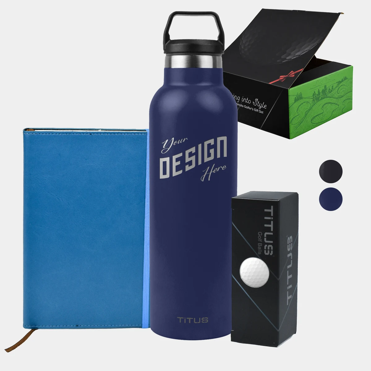 25 oz TiTUS® SS Water Bottle, 3 Pack Golf Balls & A5 Notebook with Pen Gift Set, custom water bottle with logo imprint 1