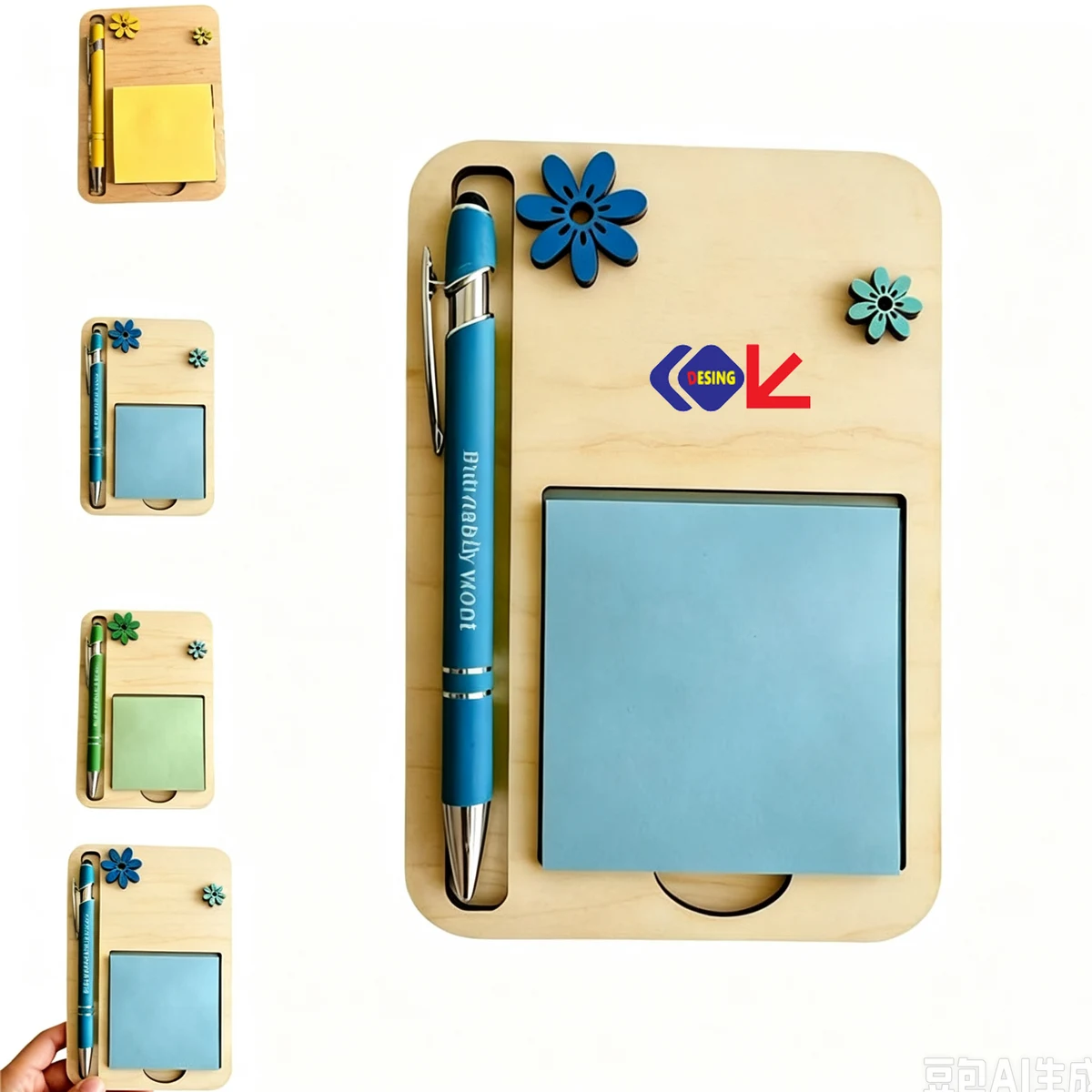 Wooden Sticky Note Holder with Pen 1