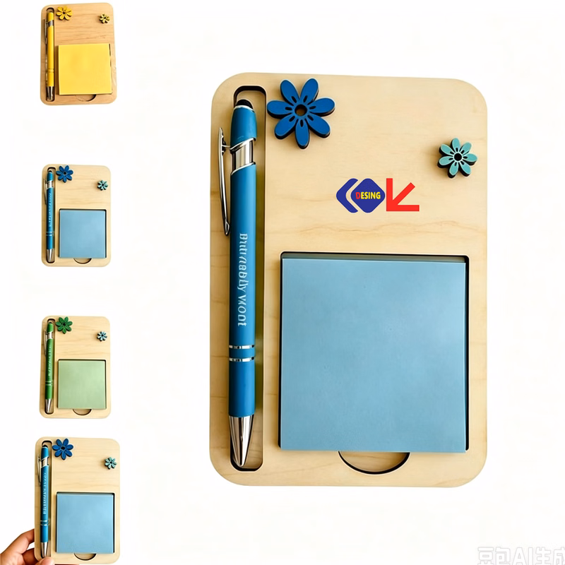 Wooden Sticky Note Holder with Pen