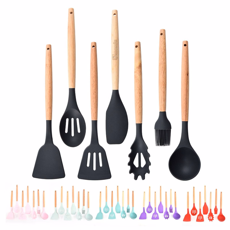7pcs Silicone Shovel with Wooden Handle