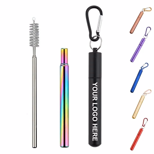 Custom Stainless Steel Collapsible Straw Set with Carabiner — Reusable Travel Drinkware