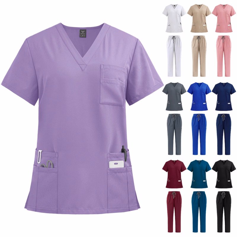 Multiple Pockets V-Neck Top And Drawstring Scrub Pant