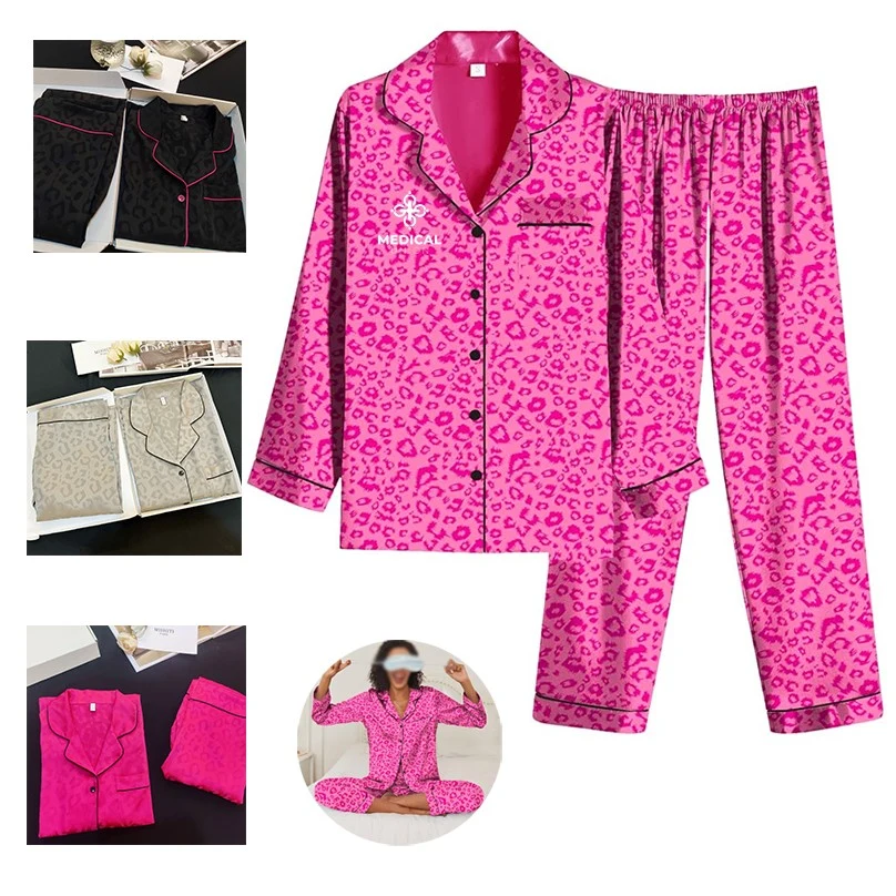 Silk Nightgown Satin Leopard Jacquard Solid Color Long Sleeve Trousers Women Two Pieces Pajamas 1