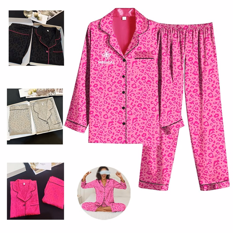 Silk Nightgown Satin Leopard Jacquard Solid Color Long Sleeve Trousers Women Two Pieces Pajamas