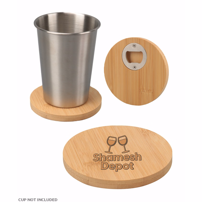 Union Printed - 4 inch Round Bamboo Coaster with Beer Opener - Laser Engraved Logo