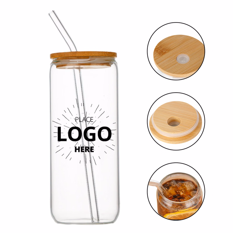 16oz Can Shaped Glass Cup with Bamboo Lid and Straw