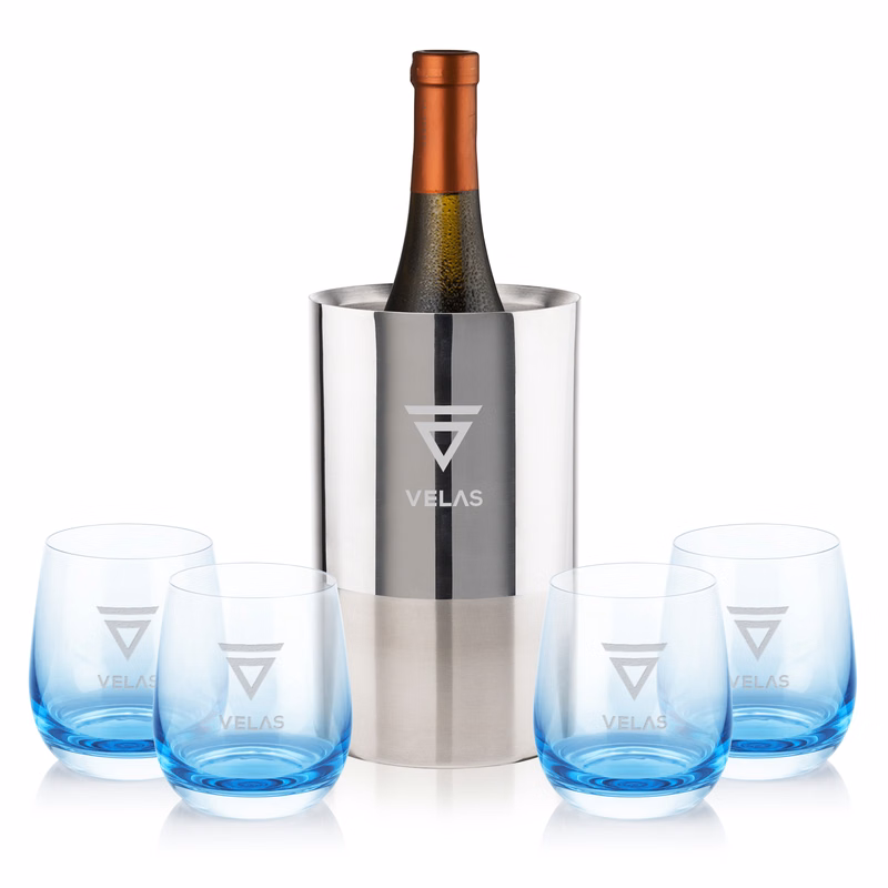 Catania Wine Cooler & Soudan Blue Stemless Wine
