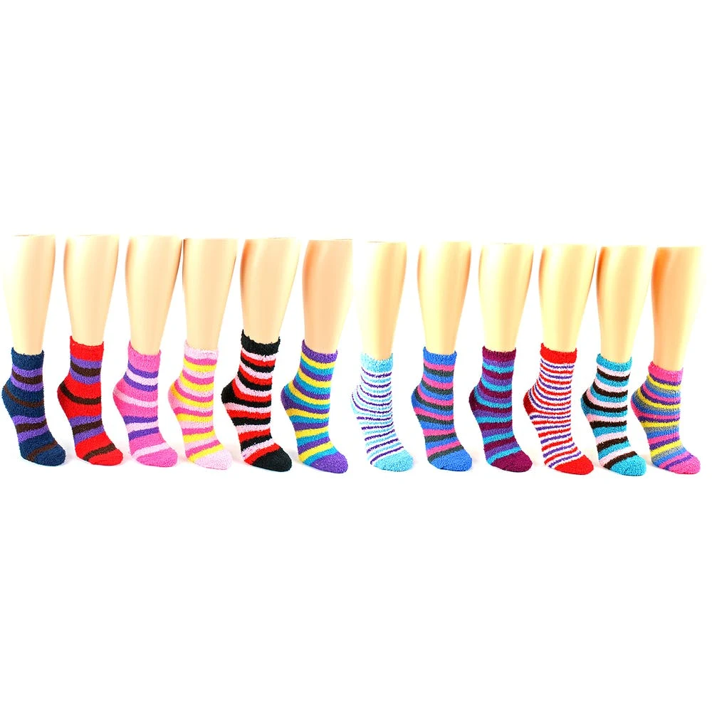 Women's Fuzzy Crew Socks - Striped Assorted 1