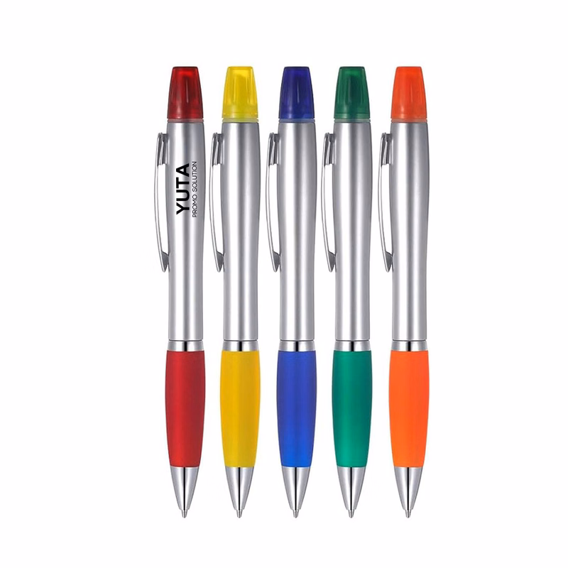 Dual purpose ballpoint pen+highlighter pen