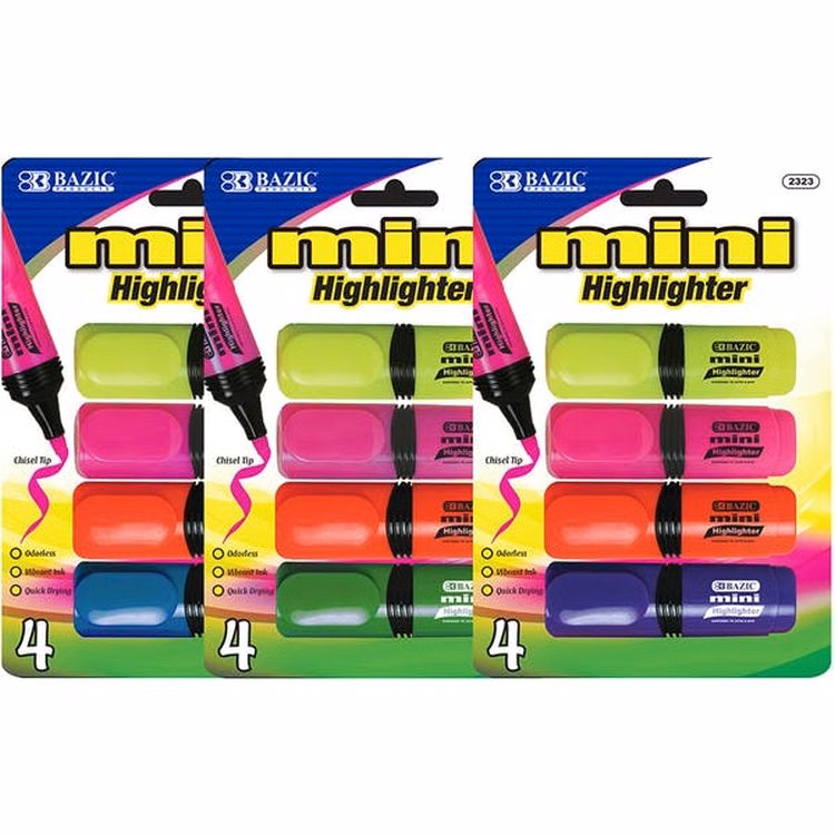 Mini Highlighters - Assorted Fluorescent Colors Comfort Grip