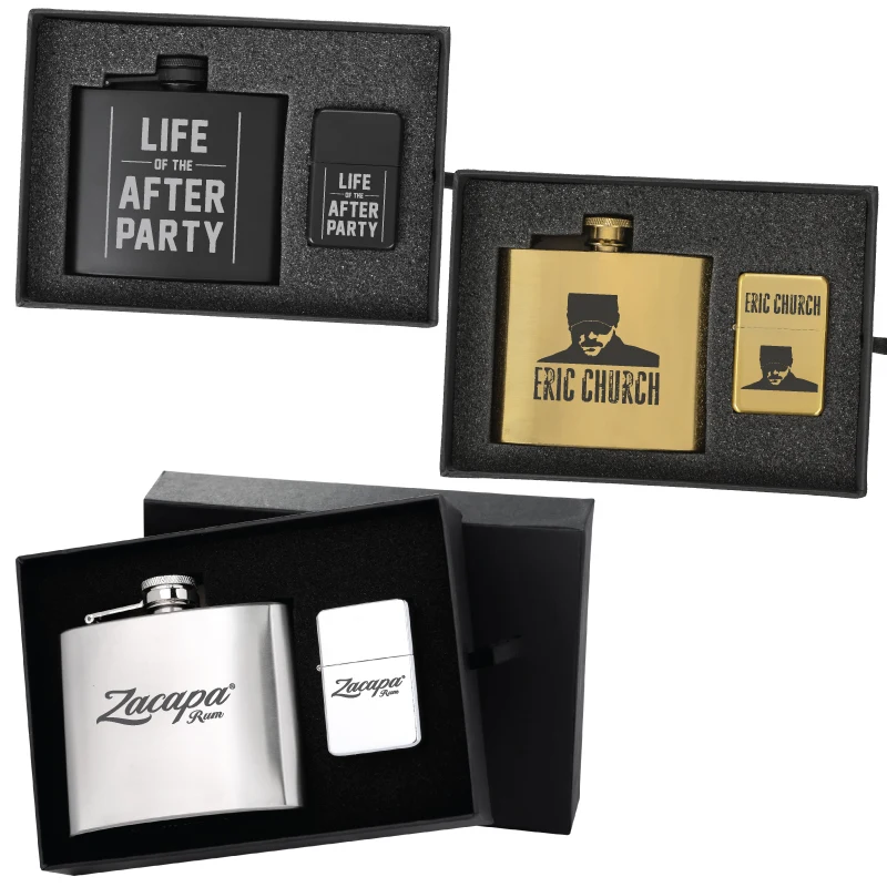 Deluxe 5 oz. Flask and Oil Flip Top Lighter Gift Set, custom water bottle with logo imprint 1