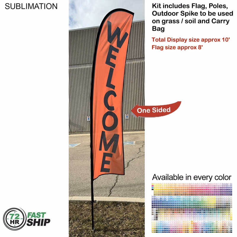 72 Hr Fast Ship - 10' Small Feather Flag Kit, Full Color Graphics One Side, Spike and Bag Included.