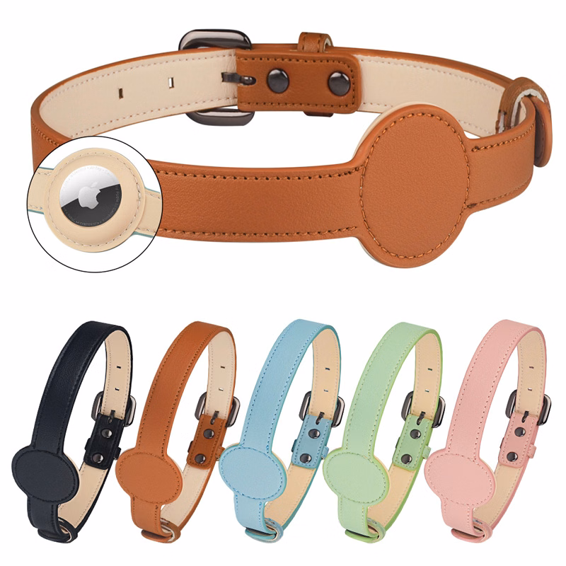 Leather Dog Collar with Tracker Holder Adjustable Anti Lost