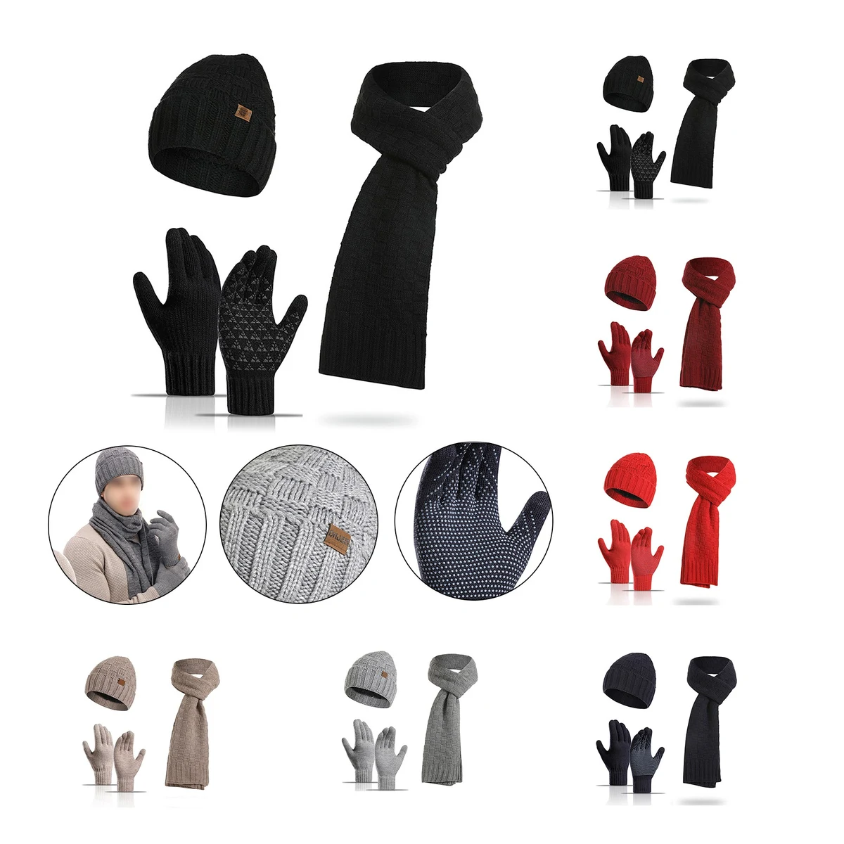 Cashmere Plaid Beanie Hat Scarf Touchscreen Gloves Set 1