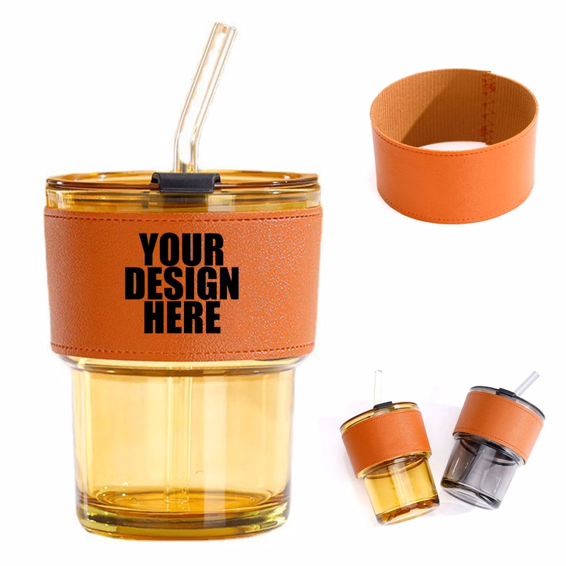 Transparent Glass Straw Coffee Bottle w/ Sleeve
