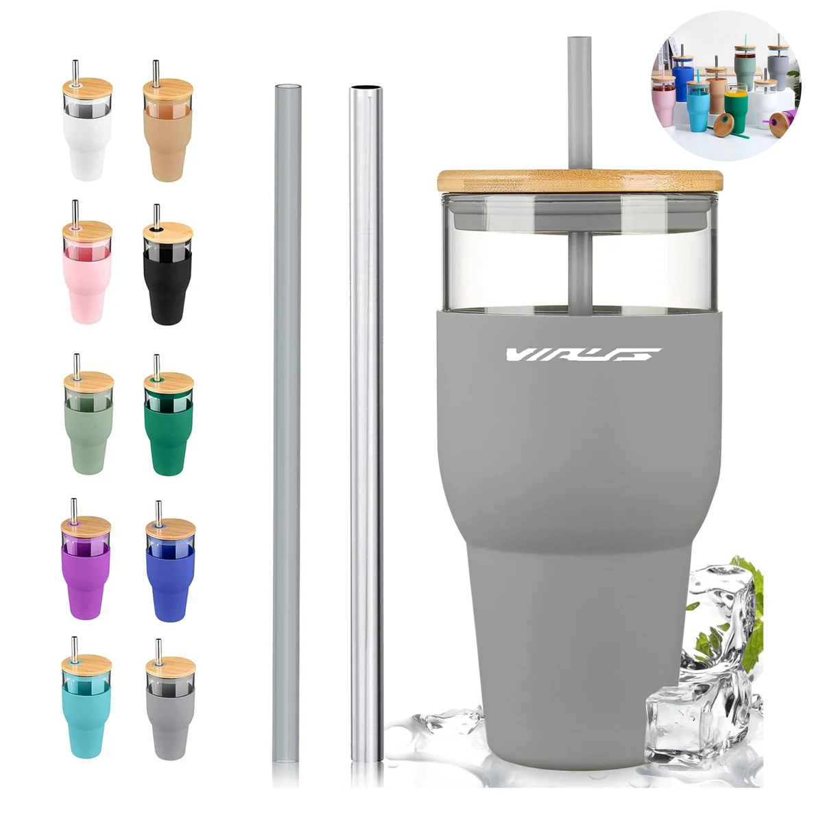 32oz Glass Tumbler With Straw And Lid 1