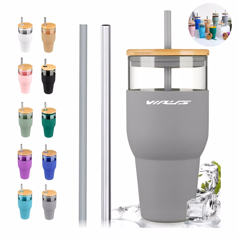 32oz Glass Tumbler With Straw And Lid