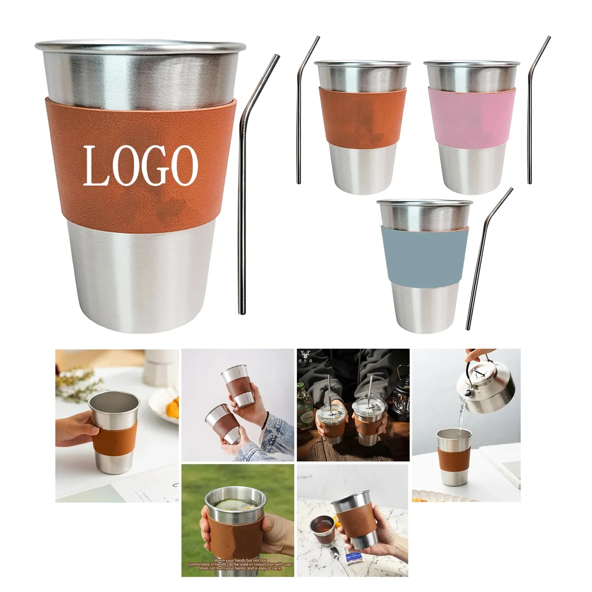 Outdoor Camping 304 Stainless Steel Water Cup with Leather C 1