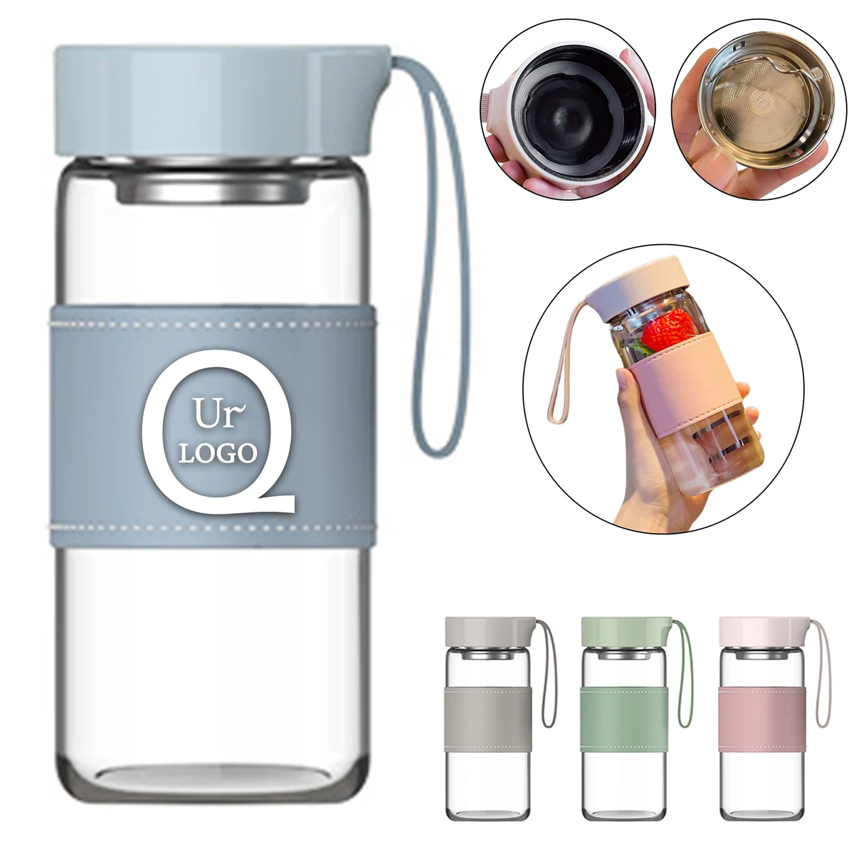 16.2Oz Glass Water Bottle W/ Tea Filter And Leather Sleeve 1