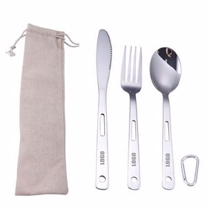 3 In 1 Portable Stainless Steel Flatware Set Fork Knife Spoon With Carabiner